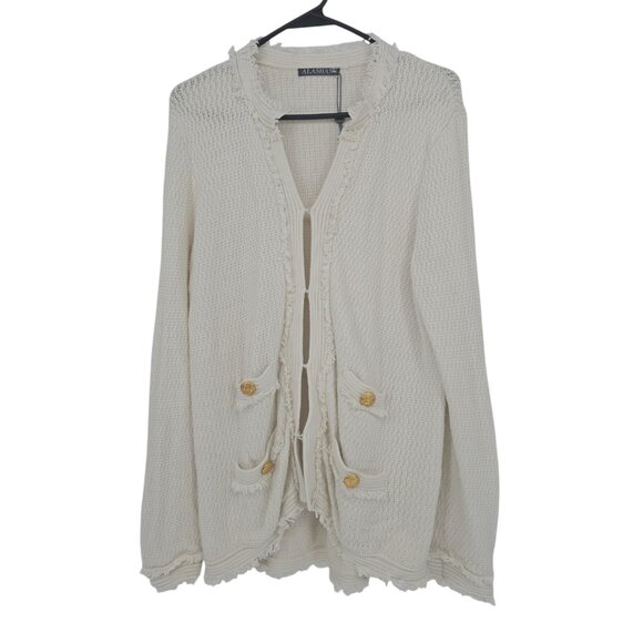 Alashan Sweater Womens Large Cream Cotton Cashmere Fringed Hook Eye Front NWOT